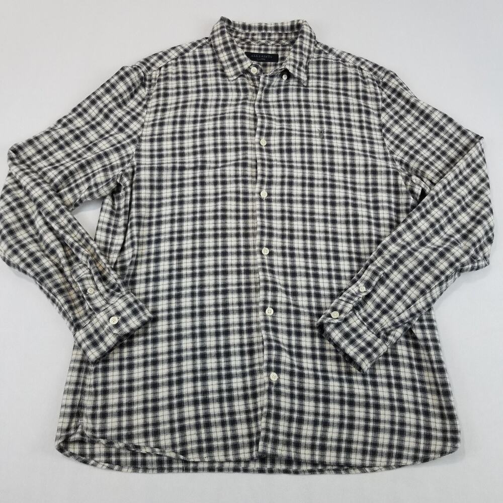 All Saints Shirt Mens XL Gray Check Flannel Lexington LS Button Up Cotton